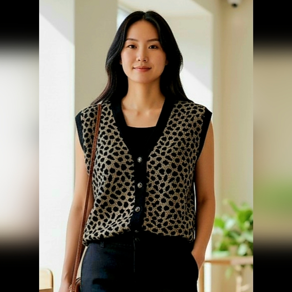Vintage Carole Little Leopard Jacquard Knit Vest — Metallic Thread. Size M | NWT